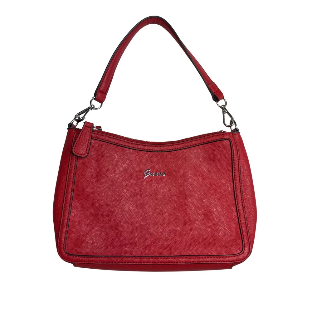 Guess Red Saffiano Convertible Crossbody & Shoulder Bag‎ Purse Silver Hardware